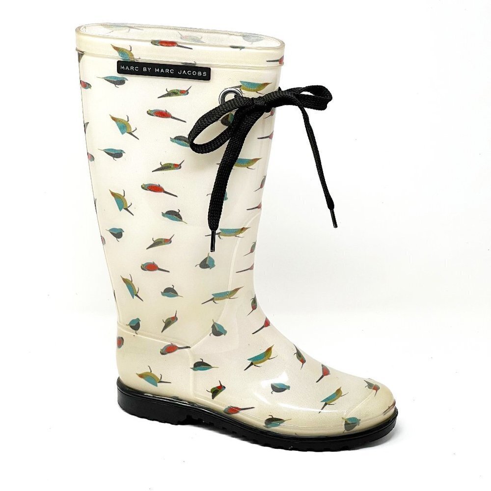 Marc Jacobs Rain Boots Women's Size 5.5 White Multicolor Bird Print Tall Rubber